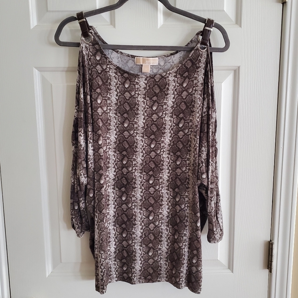 MICHAEL MICHAEL KORS Brown Snake Print Cold Shoulder 3/4 Ruched Sleeves size L